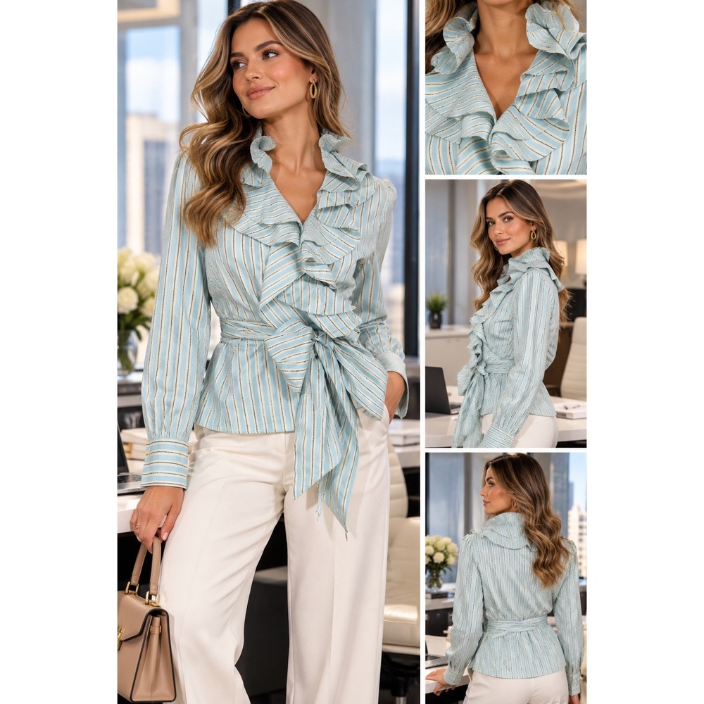 Lauren Ralph Lauren Wrap Top XL Pinstripe Ruffle Collar Cotton Tie Waist #1699